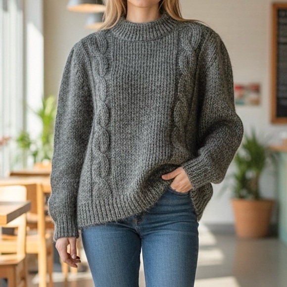 Westerfield Sweaters - Green Wool & Mohair Gray Mock Neck Long Sleeve Chunky  Knit Sweater Size S